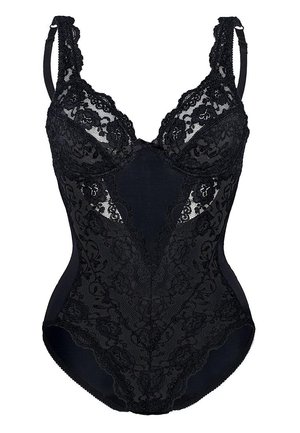 Black lace bodysuit with padded cups, wide straps, floral patterns, and a smooth fabric base. Features intricate lace detailing and hook closure.