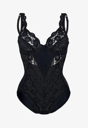 Black lace bodysuit with padded cups, wide straps, floral patterns, and a smooth fabric base. Features intricate lace detailing and hook closure.