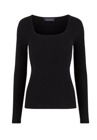 Schwarzes, geripptes Langarmoberteil mit quadratischem Ausschnitt und slim fit. Hergestellt aus einem weichen, dehnbaren Stoff. Verfügt über ein Etikett mit der Aufschrift "ESTELIOU."