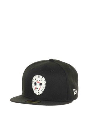 Black baseball cap with a flat brim, featuring a white mask design on the front, accented with red markings and black dots.