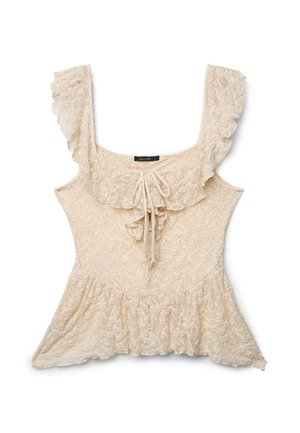 Top senza maniche color beige in pizzo con spalline arricciate, scollo quadrato, dettaglio con fiocco sul davanti e orlo a peplum.