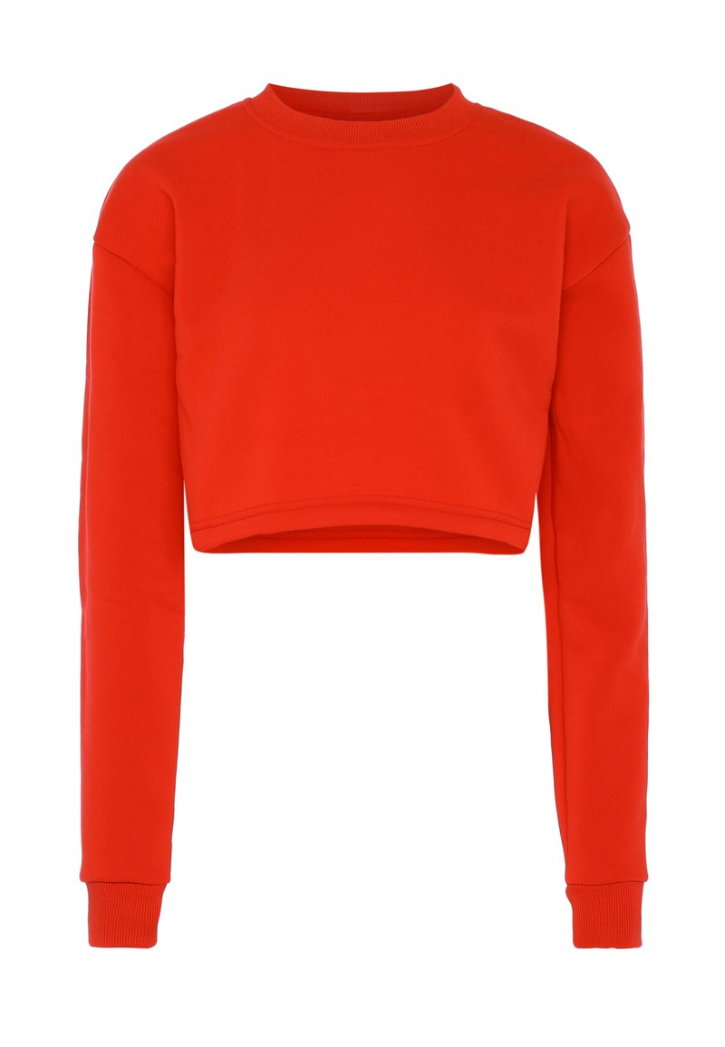 Felrood langemouwen cropped sweatshirt met geribde manchetten en een geribde ronde halslijn, weergegeven op een witte achtergrond.