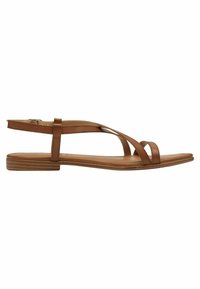 Sandales plates en cuir marron au design minimaliste, dotées de plusieurs brides et d'une semelle légèrement texturée. Détail de bride ajustable à la cheville.