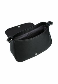 Sac à main en cuir noir avec une finition texturée, fermeture à pression magnétique argentée et un intérieur en tissu gris spacieux. Comprend une bandoulière ajustable.