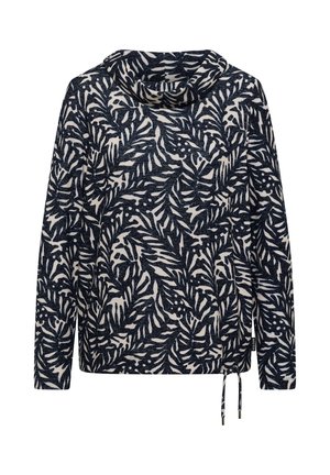 Sweater med en krave i cowl-stil, der har et navyblåt og hvidt bladmønster. Fremstillet af blødt stof, har den en afslappet pasform og en justerbar snor i kanten.