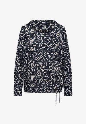 Pull à col bénitier, avec un motif de feuilles bleu marine et blanc. Confectionné dans un tissu doux, il offre une coupe décontractée et un ourlet à cordon de serrage réglable.