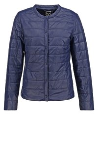 Navy blue, lightweight puffer jacket with a round neckline, button closure, and quilted texture. Features long sleeves and straight cut.