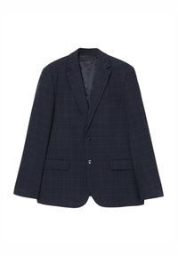 Blazer a quadri blu navy con un design strutturato, revers a lancia, due tasche frontali e chiusura con un solo bottone. Tessuto liscio con una leggera lucentezza.