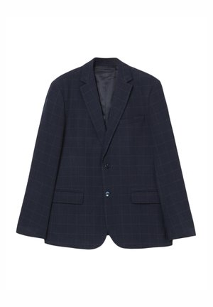 Blazer a quadri blu navy con un design strutturato, revers a lancia, due tasche frontali e chiusura con un solo bottone. Tessuto liscio con una leggera lucentezza.