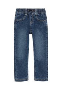 Donkerblauwe denim jeans met een zachte textuur, elastische tailleband en koord. Bevat voorzakken en een rechte broekspijp.