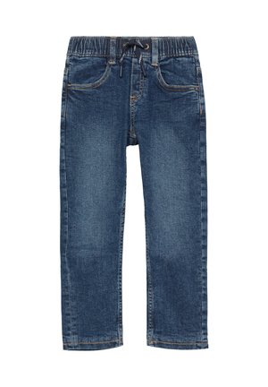Donkerblauwe denim jeans met een zachte textuur, elastische tailleband en koord. Bevat voorzakken en een rechte broekspijp.