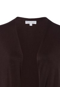 Ciemnobrązowy kardigan wykonany z miękkiego dzianinowego materiału, z dekoltem w serek i otwartym przodem. Metka pokazuje "Marie Lund Copenhagen", rozmiar S.
