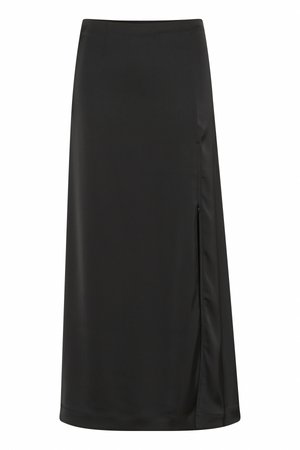 Black midi skirt made of smooth fabric featuring a side slit and straight silhouette with a subtle sheen. Tailored hemline.