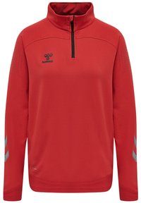 Rød pullover med høj krave og halv lynlås. Lavet af tekstureret stof, med et logo og refleksstriber på ærmerne.