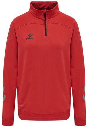 Roter Pullover mit hohem Kragen und halbem Reißverschluss. Aus strukturiertem Stoff gefertigt, mit einem Logo und reflektierenden Streifen an den Ärmeln.