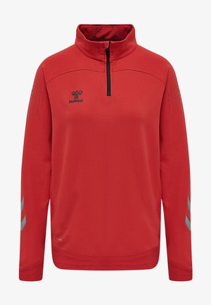 Roter Pullover mit hohem Kragen und halbem Reißverschluss. Aus strukturiertem Stoff gefertigt, mit einem Logo und reflektierenden Streifen an den Ärmeln.