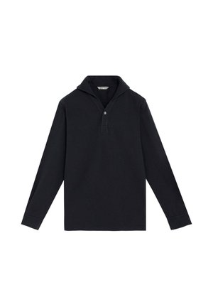 Polo negro de manga larga con un solo botón y cuello doblado, colocado plano sobre un fondo blanco.