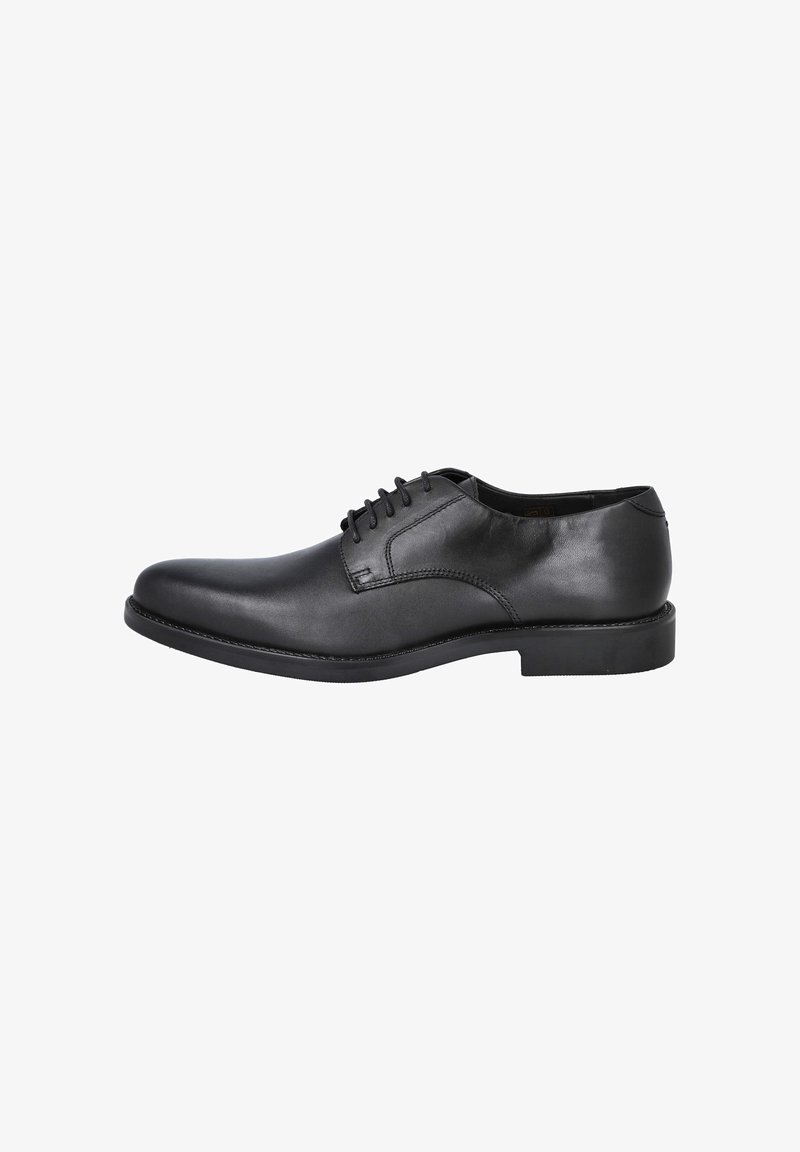 Zapato de vestir de cuero negro con puntera redondeada, diseño con cordones, textura suave y estética minimalista. Suela de goma con un pequeño tacón.