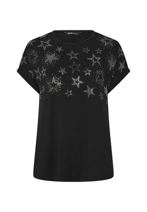 Zwarte t-shirt met korte mouwen, versierd met verschillende zilveren sterontwerpen, waaronder verspreide en omrande patronen, gemaakt van zachte stof.