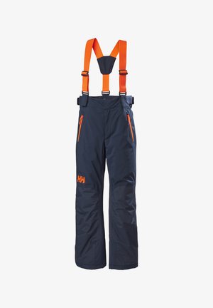 Granatowe spodnie narciarskie z pomarańczowymi szelkami, kieszeniami na zamek, logiem na nodze oraz wzmocnionymi dolnymi częściami dla większej trwałości.