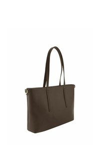 Sac fourre-tout synthétique marron avec deux longues anses, forme rectangulaire, texture lisse et design minimaliste. Présente des détails décoratifs latéraux.