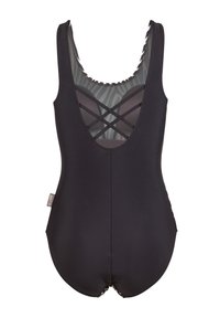 Schwarzer Badeanzug mit tiefem Rücken und Kreuzdesign. Verfügt über eine elegante, glatte Textur und ein kontrastierendes gemustertes Mesh-Panel.