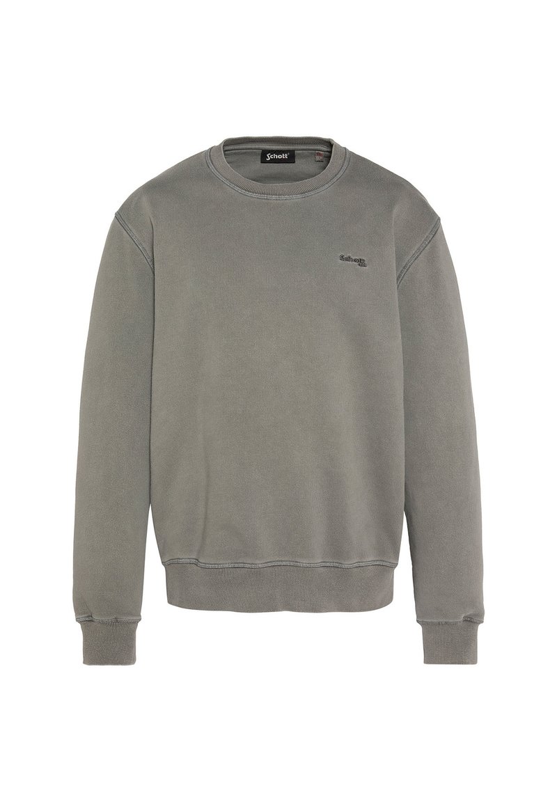 Grå sweatshirt lavet af blødt materiale, med rund hals, ribbede ærmer og et simpelt logo på brystet. Glat tekstur uden mønstre.