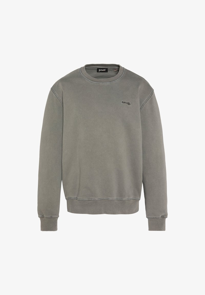 Grå sweatshirt lavet af blødt materiale, med rund hals, ribbede ærmer og et simpelt logo på brystet. Glat tekstur uden mønstre.