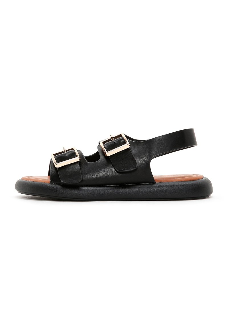 Black leather sandals with two buckle straps, open toe, and back strap. Textured black sole, contrasting tan footbed.
