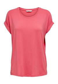 Camiseta de manga corta y cuello redondo en un coral brillante, con un corte relajado y mangas enrolladas. Tejido suave sin patrones ni acentos visibles.