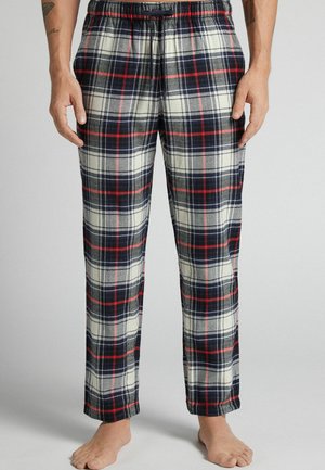 Pantalones de pijama a cuadros en mezcla de algodón, con un patrón de cuadros en azul marino, rojo y crema, cintura elástica y un corte relajado con piernas rectas.