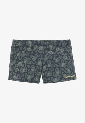 Leopard print swim shorts in dark navy with green patterns, featuring an elastic waistband and gold "bruno banani" logo on the side.
