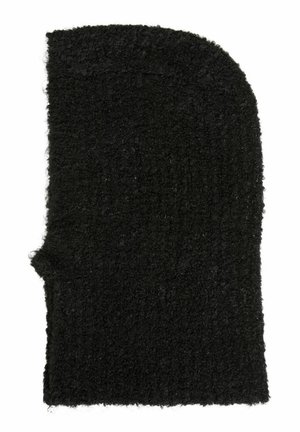 Zwart, textuurstof stuk met een onregelmatige vorm, met een afgeronde bovenkant en een uitsparing voor de duim. Zachte, fuzzy oppervlakte.