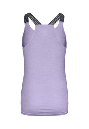 Hellblaues Tank-Top mit Racerback-Design, featuring schwarze, mit Logo bedruckte Träger und glatte Stoffstruktur. Keine vorderen Details sichtbar.