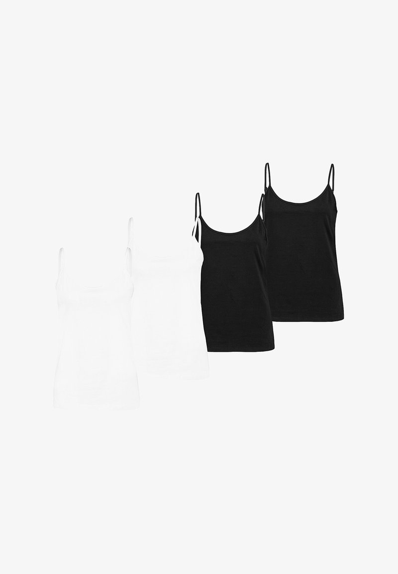 Set of four camisoles including two white and two black. Made of soft cotton, featuring adjustable straps and a simple, fitted design.