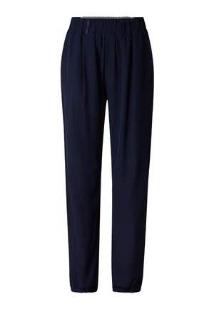 Pantalon à taille élastique bleu marine avec poignets froncés et coupe ample et droite.