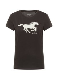 Černé bavlněné tričko s potiskem bílé skákající kobylky a textem "MUSTANG". Krátké rukávy a kulatý výstřih.