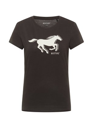 Czarna bawełniana koszulka z krótkim rękawem z białą grafiką galopującego konia oraz napisem "MUSTANG". Okrągły dekolt.