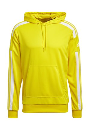Sweat à capuche jaune vif avec des bandes blanches sur les manches, une poche avant et des cordons à la capuche.