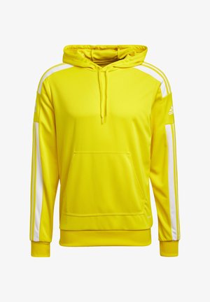 Sweat à capuche jaune vif avec des bandes blanches sur les manches, une poche avant et des cordons à la capuche.