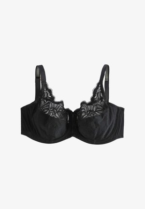 Schwarzer BH mit einem gepunkteten Muster, Spitzenbesatz am Ausschnitt und verstellbaren Trägern für Halt. Mit Bügel für eine formende Wirkung.