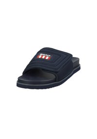 Marinefarbene Rutsch-Sandale mit gepolstertem Oberteil, das ein rechteckiges Logo-Patch in rot und weißen Streifen aufweist. Strukturierte Sohle für besseren Halt.