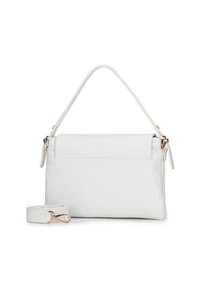 Bolso de mano de cuero blanco con textura granulada, un asa superior y una correa desmontable. Presenta herrajes en tono dorado y un bolsillo frontal.