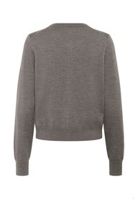 Grey cropped sweater with long sleeves, made from soft knit material. Features a rounded neckline and ribbed cuffs and hem.