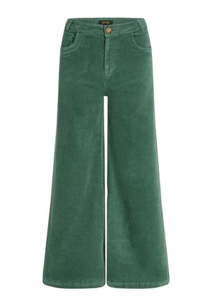 Wide-leg corduroy pants in dark green, featuring a button closure, belt loops, front pockets, and a ribbed texture throughout.