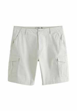 Hellbeige Cargo-Shorts in knielanger Länge mit Knopf- und Reißverschluss, seitlichen Klappentaschen und schrägen Vordertaschen.