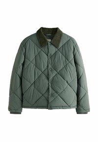 Jachetă puffer verde matlasată cu guler din fustă, având un model cu diamante și închidere cu nasturi prin apasare. Textură moale și croială lejeră.
