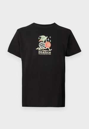 Black cotton t-shirt featuring a colorful graphic print with a pineapple and cherries, text reads "Stance Community Run Club." Short sleeves.