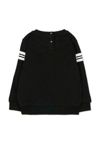 Felpa nera a maniche lunghe con scollo rotondo. Presenta strisce bianche su ogni manica e una chiusura con bottoni sul retro del collo. Tessuto morbido.