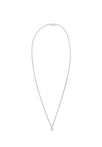 Collana in argento con un semplice pendente che presenta una singola perla bianca. Texture liscia, design delicato e sottile eleganza.